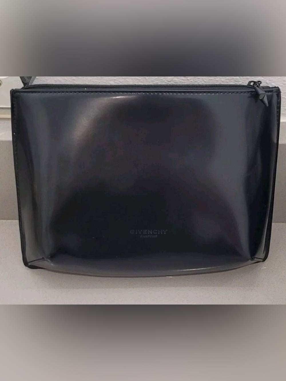 GIVENCHY Parfums Black Zip Lined Logo Makeup Bag Shiny Faux Leather Travel Case